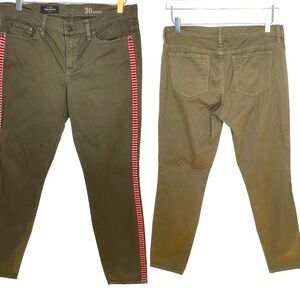J. Crew Toothpick Olive Green Five Pocket Jeans Red/White Side Stripes Size 30